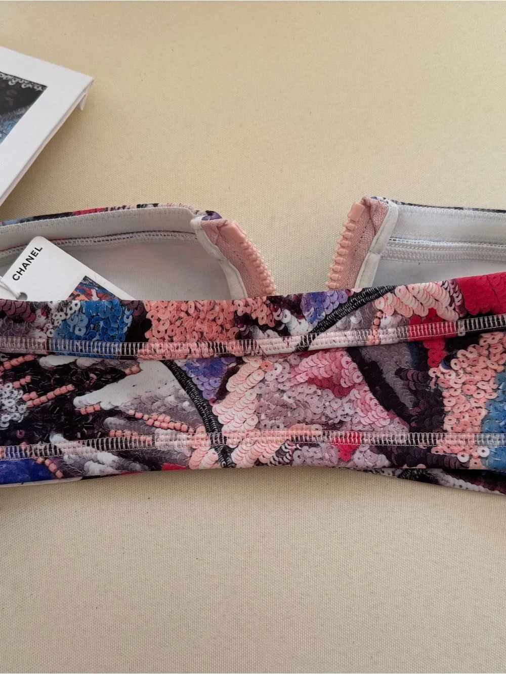 CHANEL Multicolor Sequin print bathing suit Top with Pink Center Zipper.